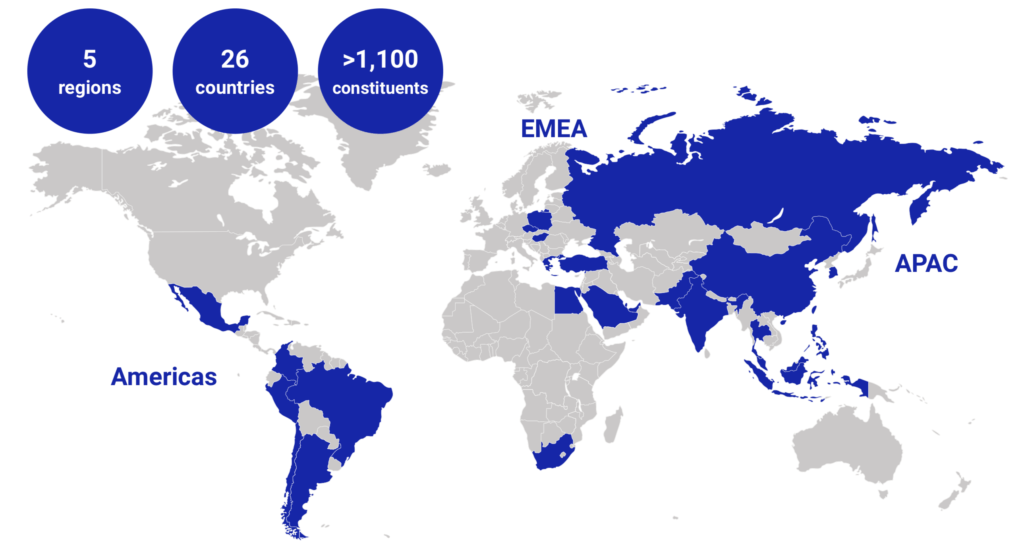 Mapa del índice MSCI Emerging markets index, de países emergentes de todo el mundo